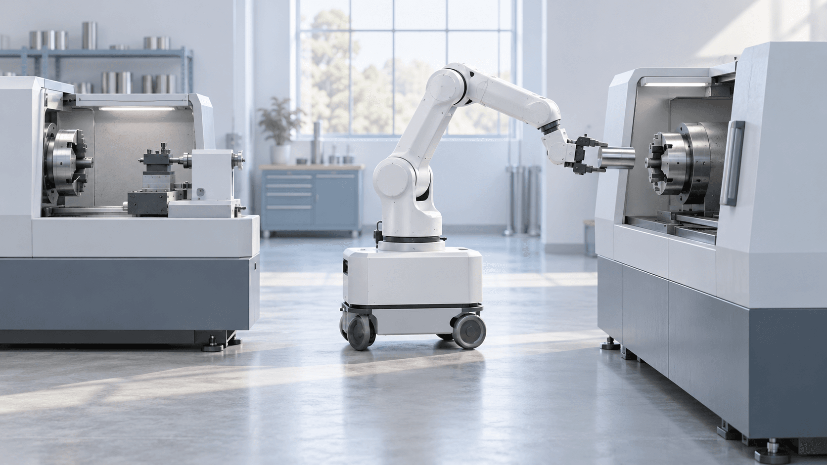 Simplexity Robotics Trains One Robot to Tend Two CNC Lathes With 600 Real Trajectories